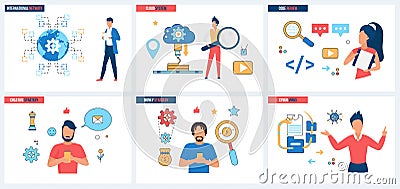Creative strategy of cloud systems, code review, cyber security and network viruses set Vector Illustration