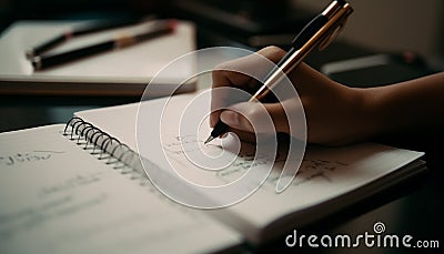 Creative student working on homework, holding pen and notebook indoors generated by AI Stock Photo