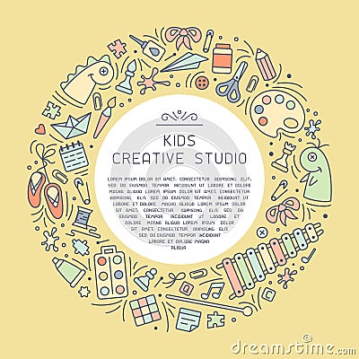 Creative studio information card with things for kids creative activity and sample text Vector Illustration