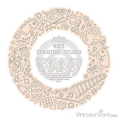 Creative studio information poster with things for kids creative activity and sample text Vector Illustration
