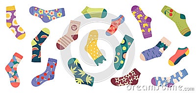 Creative stylish socks, child sock design. Cotton and wool winter accessories, fashion adults and children foot apparel Vector Illustration