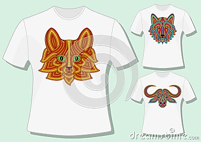 Creative stylized animal heads in ethnic linear style. T-shirt design. Vector Illustration