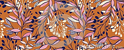 Creative stylized branches leaves stems seamless pattern. Abstract tropical floral printing on a saturated yellow background. Vector Illustration