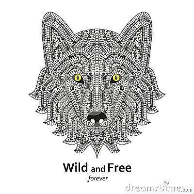 Creative stylized wolf head in ethnic boho style. Good for logo, ornamental tattoo, t-shirt design. Animal background. Highly deta Vector Illustration