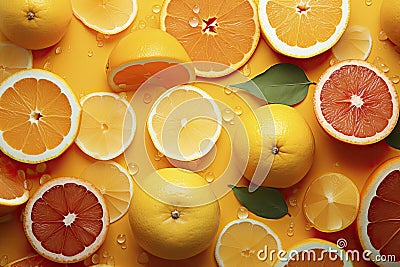 Creative summer pattern made of oranges and green leaves on pastel yellow background. Fruit minimal concept Stock Photo