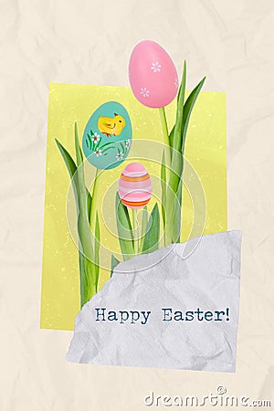 Creative surreal weird invitation collage of green plants with blossom painting easter eggs flowers celebrate happy Stock Photo
