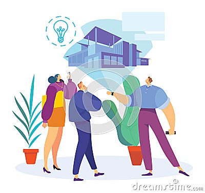 Creative team discussing architectural design projected by tablet device. Diverse architects in modern office Vector Illustration