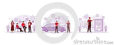 Creative team meeting and solving problems. Mechanic repairs customer's car. Vector Illustration