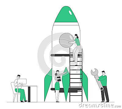 Creative Team Rocket Launch, Businesspeople with Pc and Huge Wrench Launching Business Project Startup. Financial Idea Vector Illustration
