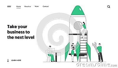 Creative Team Rocket Launch Website Landing Page. Businesspeople Launching Business Project Startup Vector Illustration
