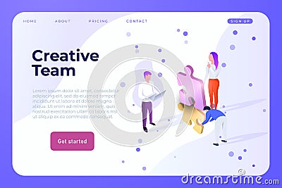 Creative Team web design page template, vector. Creative isometric people make a brainstorming with puzzle 3d elements Vector Illustration