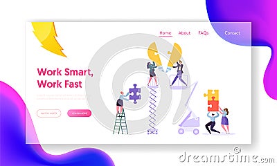 Creative Teamwork Idea Business Innovation Concept Landing Page. Young People Character Collecting Puzzle Piece Vector Illustration