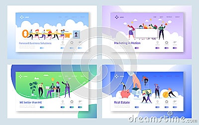 Creative Teamwork Idea Concept Landing Page. Business People Character Making Solution Set. Male and Female with Key Website Vector Illustration