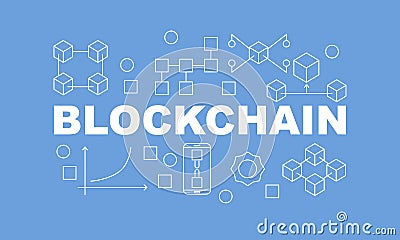 Creative technology banner made with block chain icons and word BLOCKCHAIN inside on blue background Vector Illustration