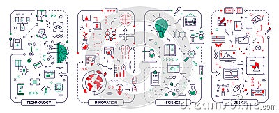 Creative technology. Digital work icons. Business project infographic of research and communication. Knowledge Vector Illustration