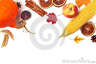 Creative thanksgiving composition with pumpkin, wheat, corn, and fruits isolated on white background Stock Photo