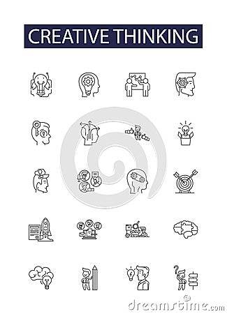Creative thinking line vector icons and signs. Brainstorming, Innovating, Designing, Inventing, Conceptualizing Vector Illustration