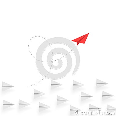 Creative thinking. Red paper airplane move different way. Creative business concept. Unique idea. Innovation and success Vector Illustration