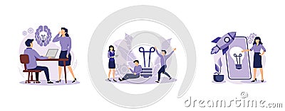 Creative thinking. Team brainstorming, idea management, project management, startup collaboration, find solution. set flat vector Vector Illustration