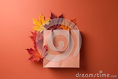 Creative top view, autumn composition, shopping bag, orange leaves, background, copy space, template, layout, autumn harvest, Stock Photo