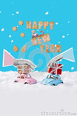 Creative trend collage of arms playing little toy retro vintage cars new year chrismas morning presents gifts giftbox Stock Photo