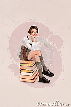 Creative trend collage of attractive young cute student girl uniform sitting pile book smart prepare exam homework Stock Photo
