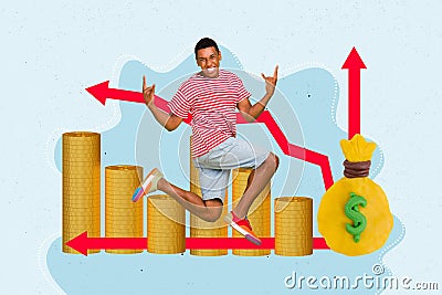 Creative trend collage of excited jumping young male have fun money earning spending analysis trader successful freak Stock Photo