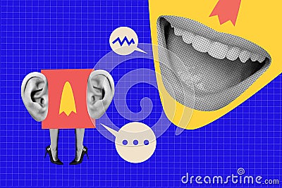 Creative trend collage of funny friends colleagues gossip mouth big ears listening billboard comics zine minimal concept Stock Photo