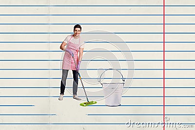 Creative trend collage of funny man mopping cleaning paper lines copybook notebook ruled page magazine surrealism Stock Photo