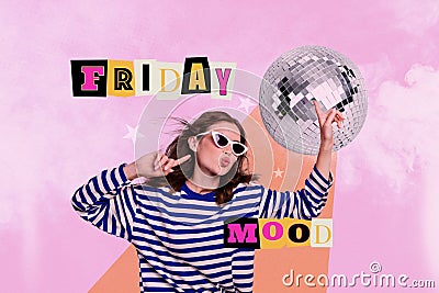 Creative trend collage of funny young girl celebrate friday mood retro vinyl discoball dancing magazine surrealism Stock Photo