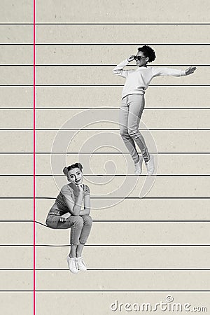 Creative trend collage of paper sheet notepad ruled dancing girls friends students writers bizarre unusual fantasy Stock Photo
