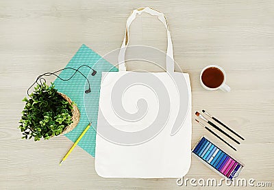 Creative, trendy, artistic eco, tote, cotton bag mock up. Stock Photo