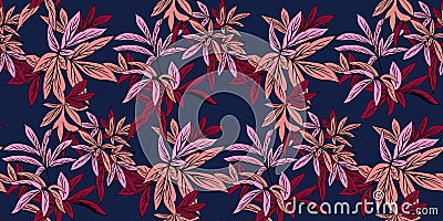 Creative tropical branches leaves seamless pattern on a dark blue background. Abstract bright leaf stems Vector Illustration