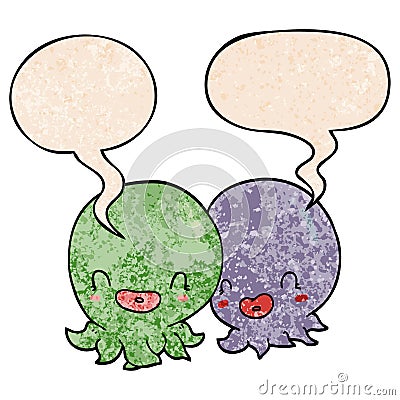 A creative two cartoon octopi and speech bubble in retro texture style Vector Illustration