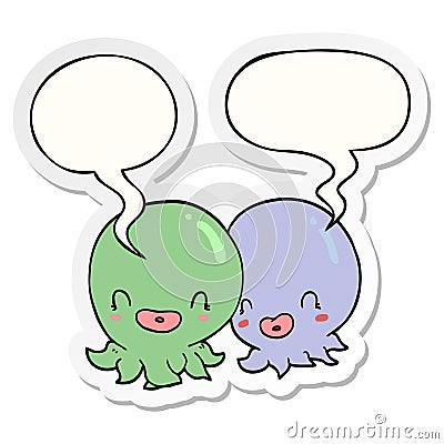 A creative two cartoon octopi and speech bubble sticker Vector Illustration