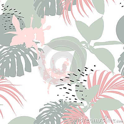 Creative universal floral background in tropical style. Hand Drawn textures. Vector Illustration