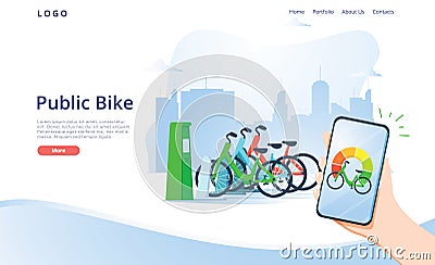 Creative Urban Transportation Web Design. Public Bike Cartoon Flat Banner Vector Illustration. Using Sharing System Vector Illustration