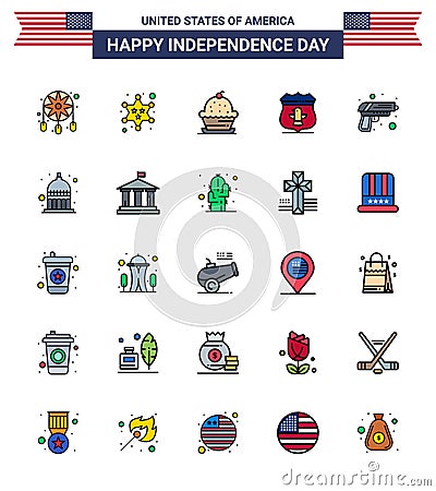 25 Creative USA Icons Modern Independence Signs and 4th July Symbols of gun; american; cake; usa; thanksgiving Vector Illustration