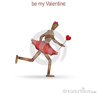 Creative valentine card, hurry up be my valentine idea, realistic wooden marionette running with red heart isolated Vector Illustration