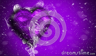 Romantic love purple heart with smoke on background for copy space. With snow texture overlays Stock Photo