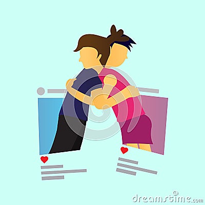 Flat character man and woman who are brought together by social media Vector Illustration