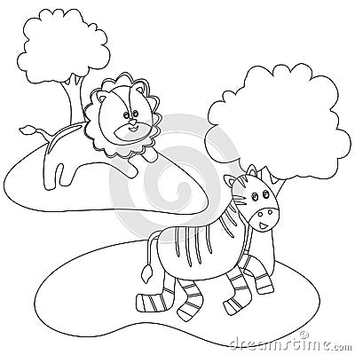 Creative vector childish Illustration. Zebra and lion runing in the field illustration. with cartoon style. Childish design for Vector Illustration