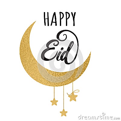 Crescent moon with golden stars for Holy Month of Muslim Community, Happy Eid celebration. Vector Illustration