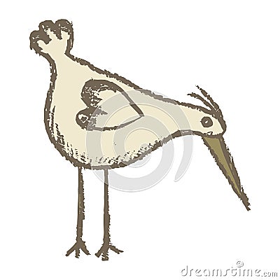 Creative vector drawing of crane or stork tilted down. Cartoon clipart of bird with long legs and beak isolated on white Vector Illustration