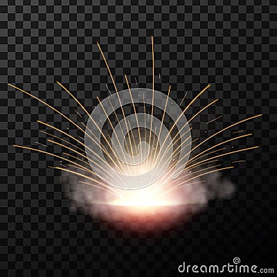 Creative vector illustration flash of electric welding metal fire with sparks isolated on transparent background. Art Vector Illustration