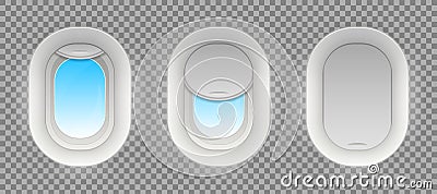 Creative vector illustration of flight airplane window, blank plane portholes isolated on transparent background. Art Vector Illustration