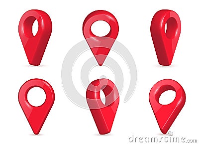 Creative vector illustration of locator, pin realistic 3d map pointers in various angle isolated on transparent Vector Illustration