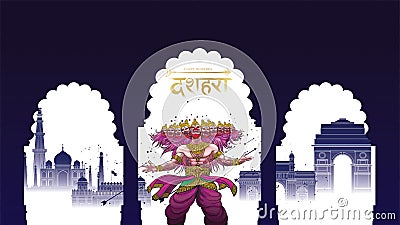 Vector illustration of Lord Rama killing Ravana in Happy Dussehra Navratri poster festival of India. translation : dussehra Vector Illustration