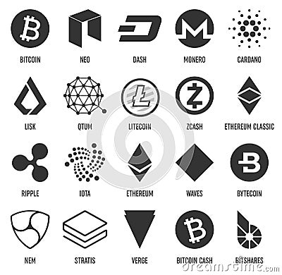 Creative vector illustration of popular crypto currency blockchain logo coin set isolated on transparent background. Art Vector Illustration