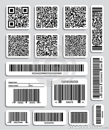 Creative vector illustration of QR codes, packaging labels, bar code on stickers. Identification product scan data in shop. Art de Cartoon Illustration